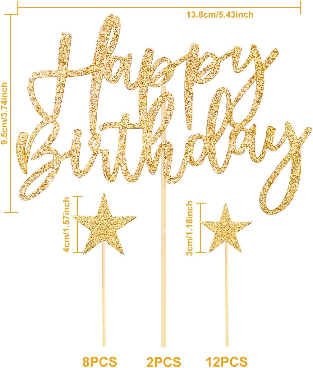 iZoeL 2 Sets Gold Cake Decoration Happy Birthday Banner Confetti Balloon Stars Heart Cake Topper for Man Boys Women Girls Gold Theme Birthday Decor Hen Party - Image 3