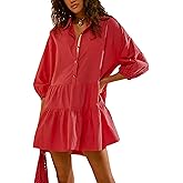 Zontroldy Women's Oversized Casual Collared Babydoll Mini Dresses Puff Sleeve A-line Tiered Shirt Tunic Dress