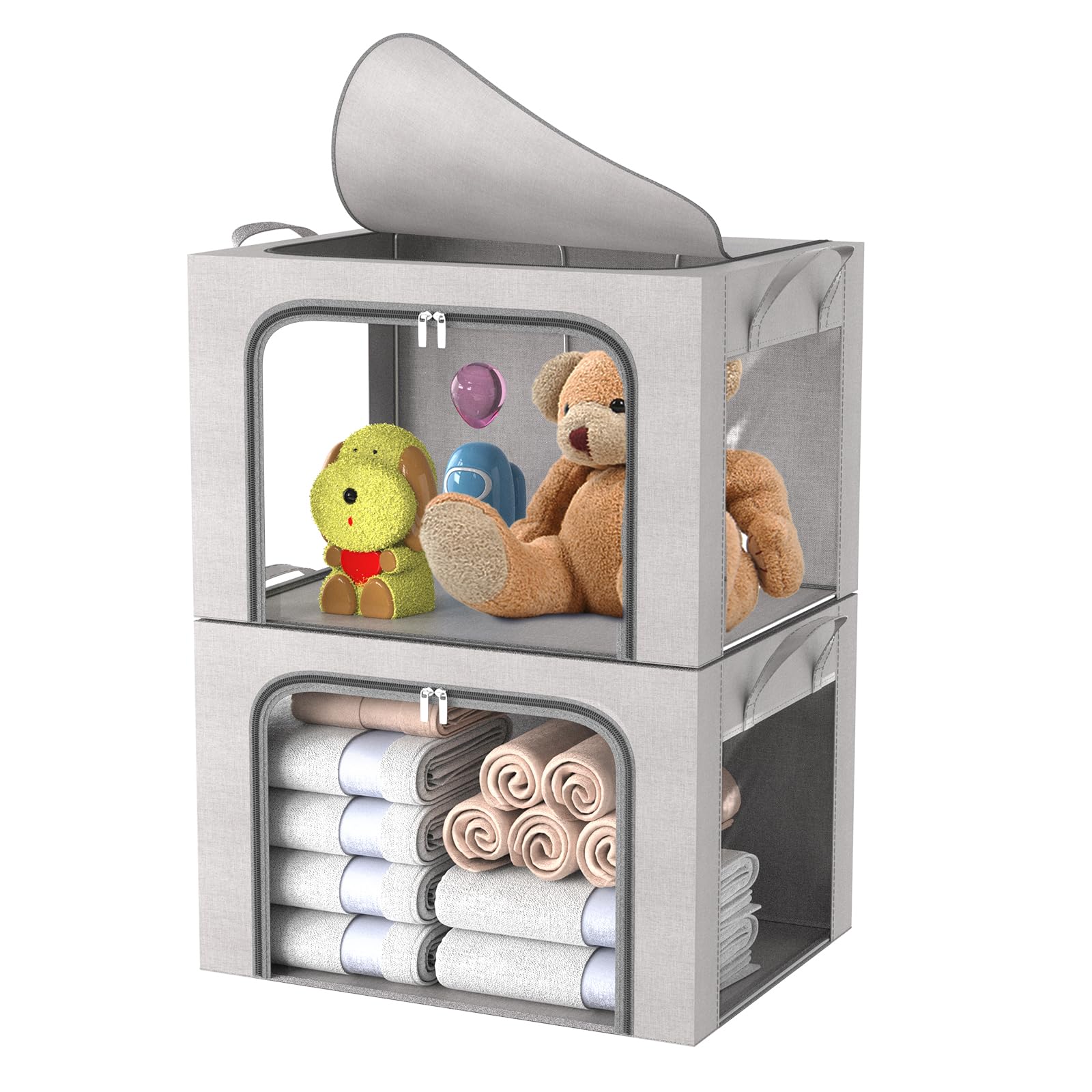 FUSACONY Clothes Storage Boxes 2 Pack Closet Organizers and Storage, Foldable Oxford Cloth Steel Frame Box with Double Opening Zips and Three Clear Windows for Storing Bedding,Blankets,Grey (24L)