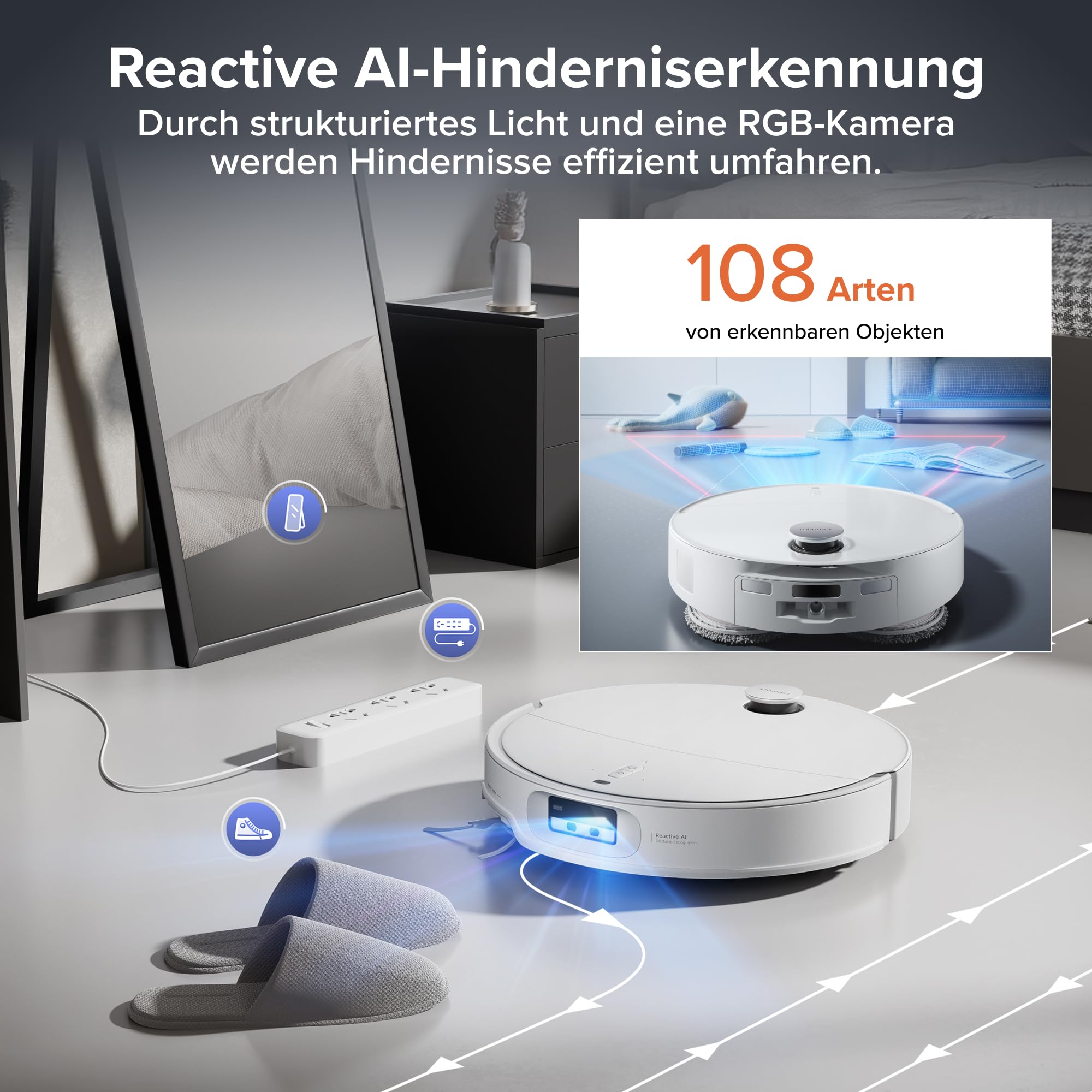 roborock Qrevo EdgeT Saugroboter mit Wischfunktion, Dual Anti-Tangle-System, 18.500Pa, 7,98cm Ultra-Slim Design, FlexiArm Technologie, 75℃ Heißwasser-Moppwäsche, Integrierter Sprachassistent (Weiß) 8