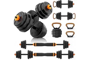 HTK Adjustable Weight Dumbbell Set - 4 in 1 Free Weight Set with Connector - Dumbbells, Barbells, Kettlebells, Push-Up Bars for Full Body Workout and Muscle Toning