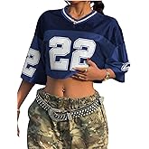WDIRARA Women's Jersey Shirts Number Graphic Short Sleeve V Neck Tee Loose Crop Top