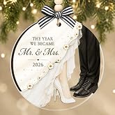 Mr and Mrs Ornament 2026, First Christmas Married Wedding Keepsake Gifts | Newlywed Couples Decorations, Bride and Groom Bridal Shower Presents, Wedding Gifts for Him &amp; Her, Wood-Acrylic Ornaments