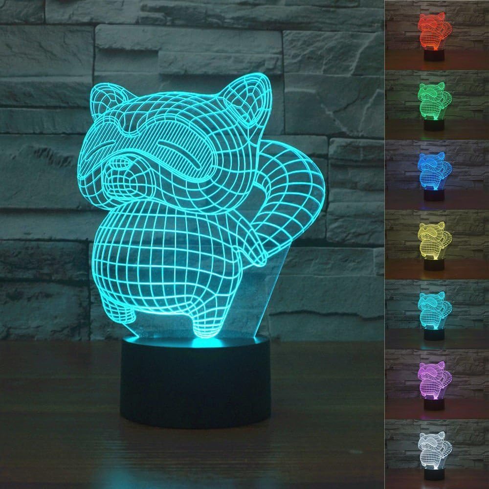 Novelty 3D Racoon Night Light Illusion Lamp 7 Color Change LED Touch USB Table Gift Kids Toys Decor Decorations Christmas Valentines Gift [Energy Class A+++]