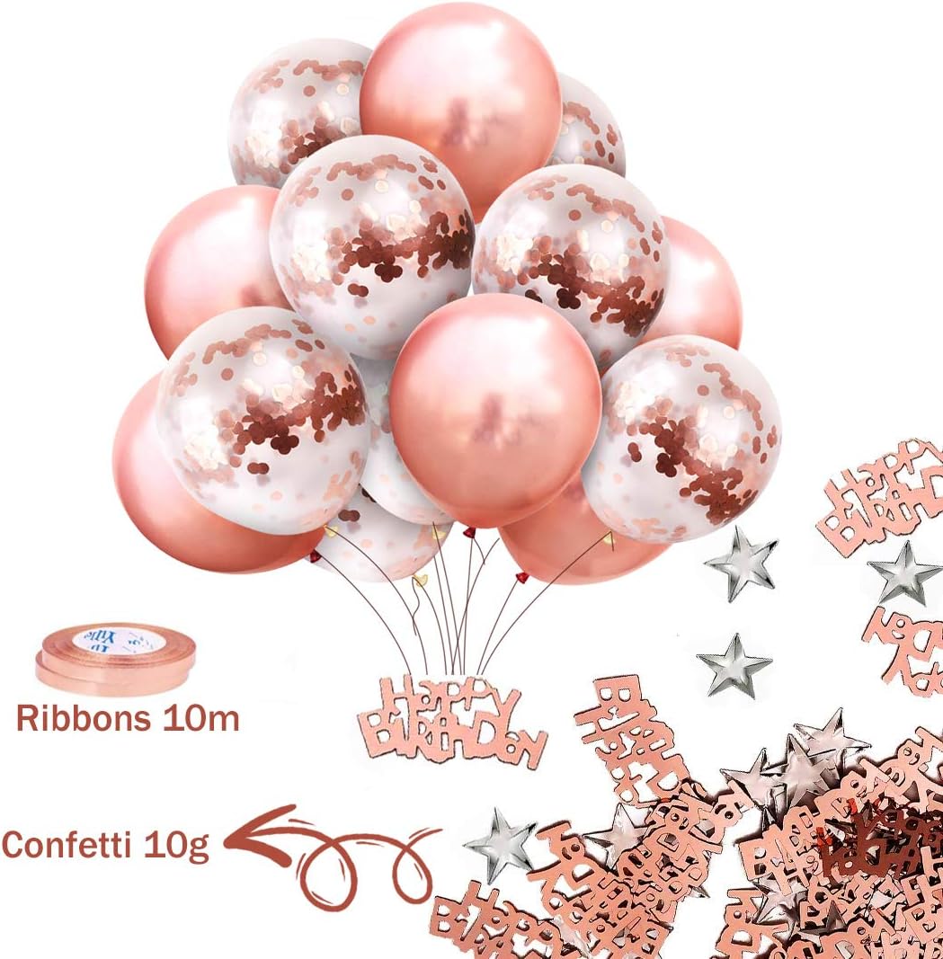 MOVINPE Rose Gold Birthday Party Decoration, Happy Birthday Banner, Rose Gold Fringe Curtain, Foil Tablecloth, Heart Star Foil Confetti Balloons, 10g Table Confetti for Women Girl Birthday Party: Toys & Games