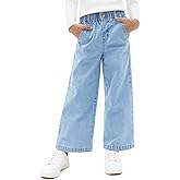 Haloumoning Girls Wide Leg Jeans Kids Elastic Waist Casual Demin Pants with Pockets 5-14 Years