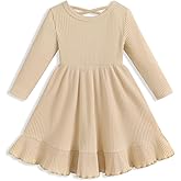 Toddler Girl Casual Solid A-line Twirly Dress Long Sleeve Skater Ruffle Hem Dresses Fall Outfit(Beige 18-24 Months)