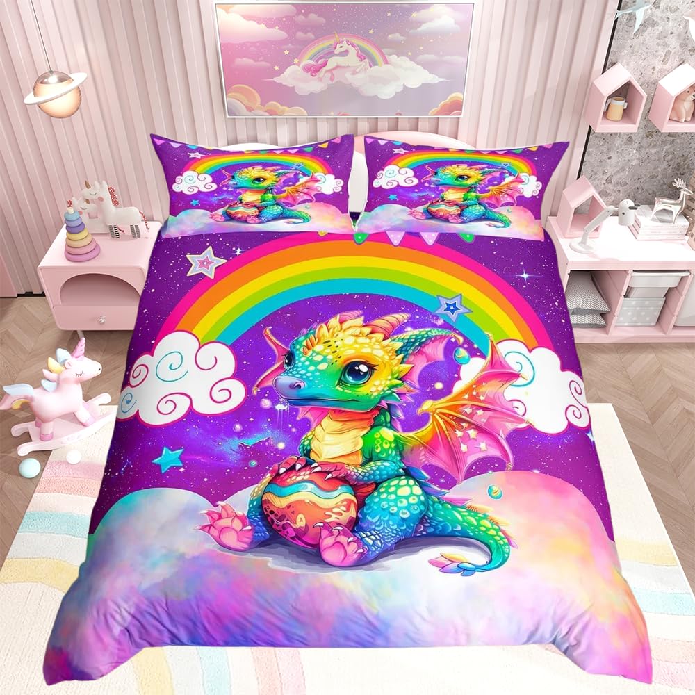 Loussiesd Kids Dragon Duvet Cover Double Size Cartoon Dragon Egg Print Bedding Set Rainbow Comforter Cover Set Purple Nebula Bedspread Cover Mysterious Outer Space Quilt Set with 2 Pillow Case 3PCS