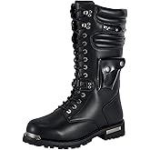 Dream Apparel Mens Motorcycle Riding Boots for Biker with Side Pocket, Black PU Leather Lace up Combat Boots, Waterproof Gothic Punk Mid Calf Footwear