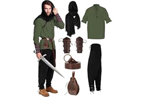 MEISTUIK 6 Pcs Men's Renaissance Viking Costume Medieval Pirate Shirt Pant Accessories Set for Halloween