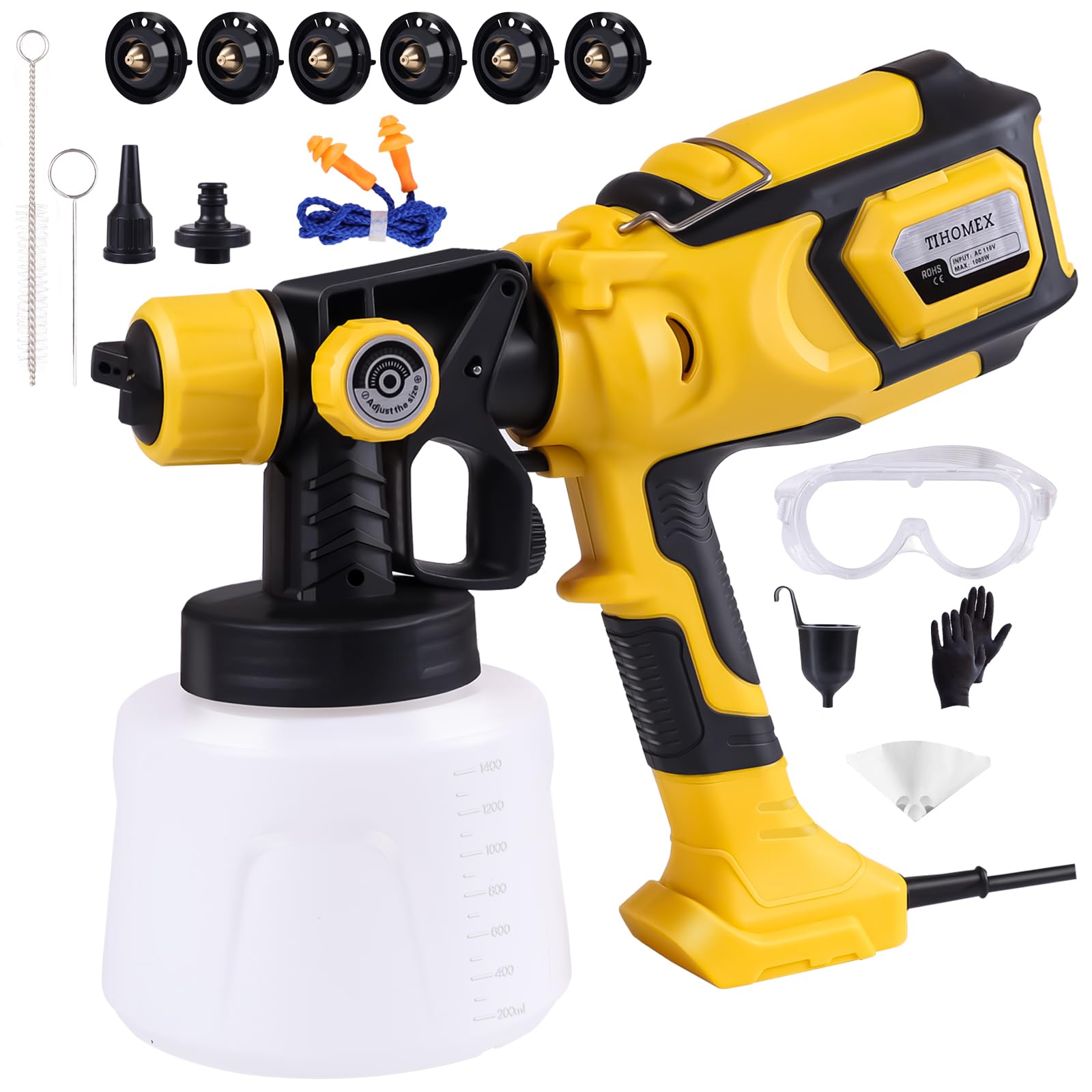 Photo 1 of 1000W Paint Sprayer with Cleaning & Blowing Joints,1400ml Cup Spray Paint Gun with Adjustable Flow Width,6 Nozzles and 3 Patterns,Yellow Paint Sprayer for House Painting,Easy to Clean
