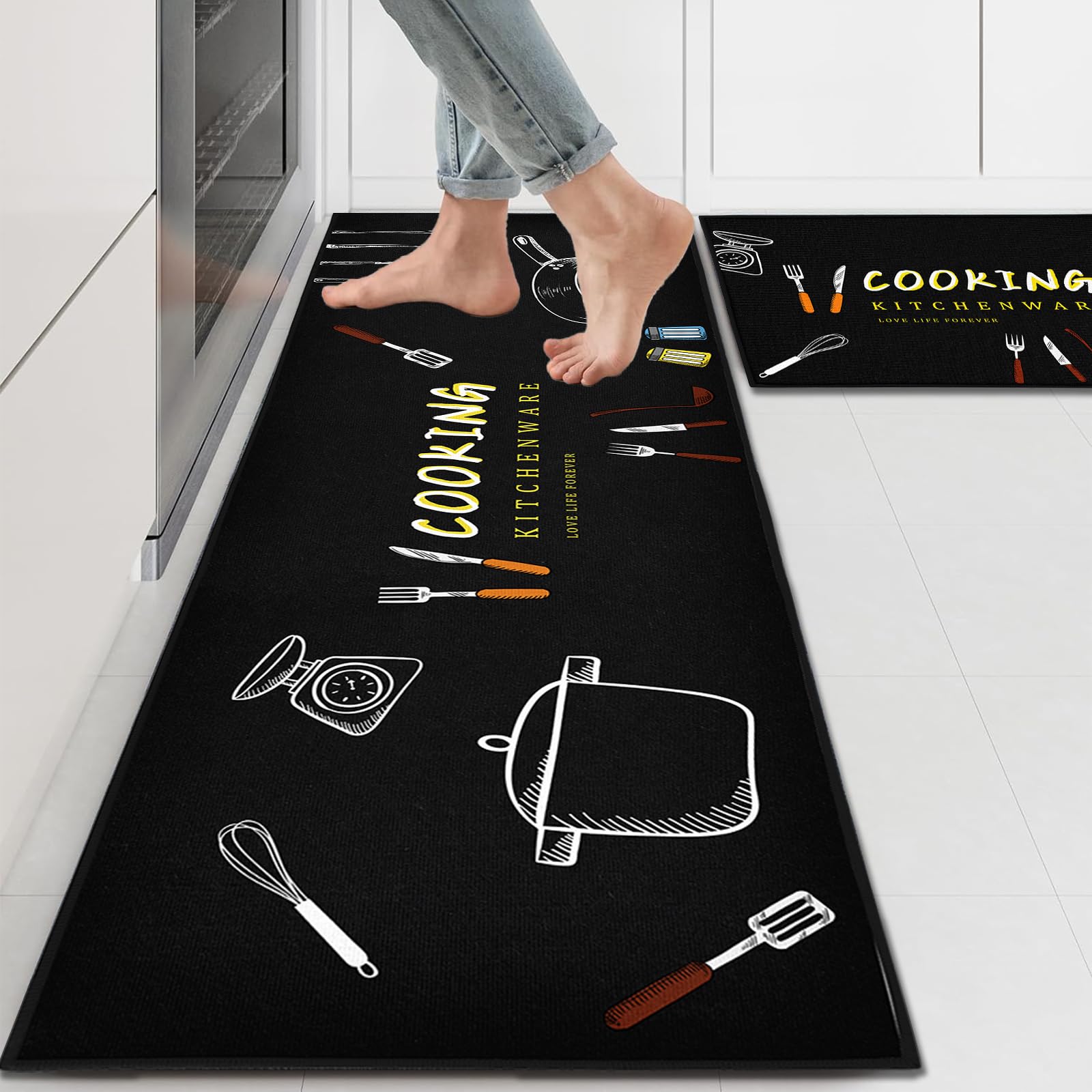 Black Kitchen Rugs and Mats Sets of 2 Pieces Funny Kitchen Decoration Non Slip Super Absorbent Kitchen Mat Runner Rug for Sink,Hallway,Laundry Room (Cooking, 40x120cm+40x60cm)