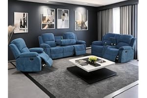 Dekmxas 3PCS Fabric Recliner Sofa Set Modern Manual Reclining Sofa Set Living Room Furniture Sets Loveseat Couch Chair Set with Cup Holders & Storage Console for Living Room/Office (Blue, 3 PCS Set)