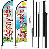 HunnmingRe 2 Pack Now Enrolling Preschool Feather Flag Set Preschool Swooper Flag Weatherproof Advertising Banner Enrolling Sign 15ft x 2.5ft with Flagpoles Ground Stakes Set for Business Advertising