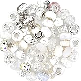 60 Pieces Assorted European Beads with Copper Core Big Hole Resin Spacer No Copper Core Lampwork Colorful Beads Rhinestone Craft Beads for DIY Charm Bracelet Jewelry Making (White)