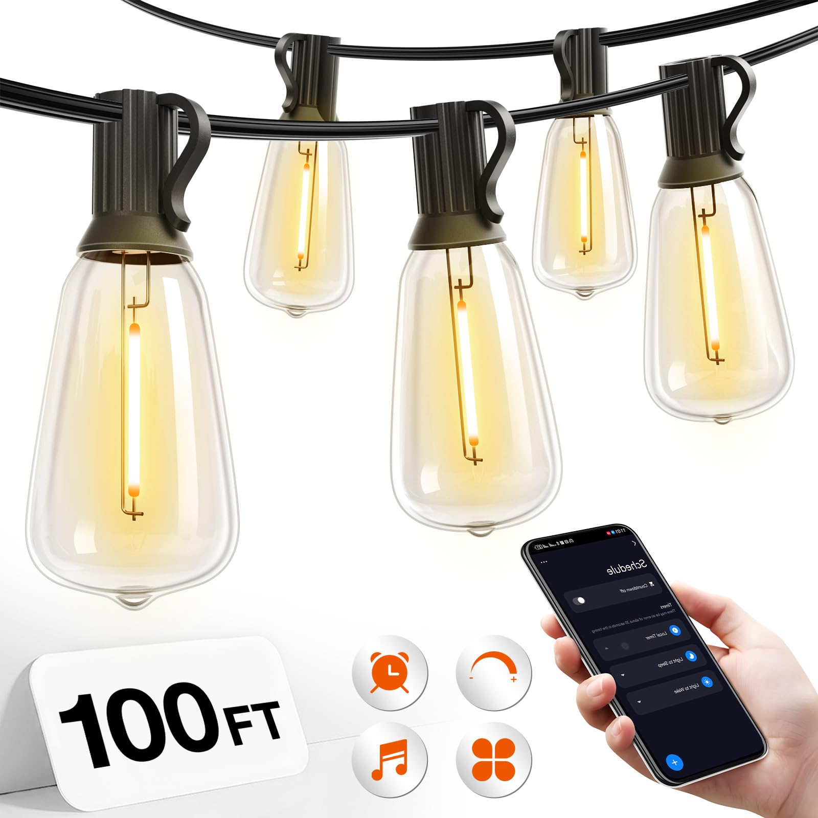 addlon 100FT LED Outdoor String Lights with APP Control Waterproof Patio Lights with Shatterproof ST38 Bulbs, Dimmable Outside Hanging Light Connectable for Porch, Backyard, Bristo, Garden Image