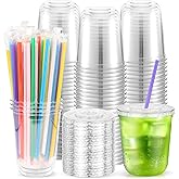 50PCS 12 oz Clear Plastic Cups with Lids and Colorful Straws, Round Bottom Disposable To Go Iced Coffee Smoothie Juice Boba Cups, PET Party Cups for Holiday, Birthdays, Picnics, Valentine's Day
