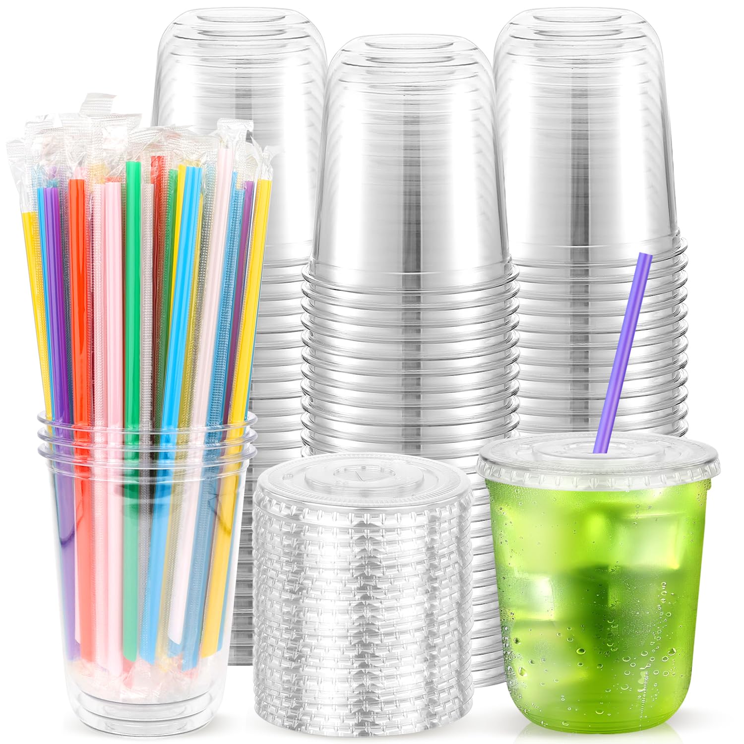 Photo 1 of 100PCS 12 oz Clear Plastic Cups with Lids and Colorful Straws, Round Bottom Disposable To Go Coffee Smoothie Juice Bubble Tea Cups, Small PET Party Cups for Holiday, Birthdays, Picnics, Christmas