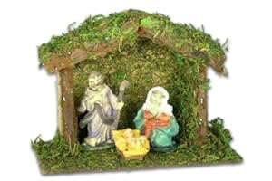 BANBERRY DESIGNS Children's Nativity Set with Wood Stable Mary Joseph Jesus Creche Holy Family Starter Set Figurine Dimensions Range from 1/4” to 2.25”H.