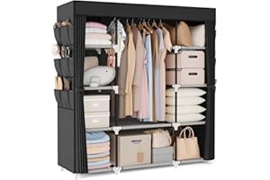 VTRIN Portable Closet Wardrobe for Hanging Clothes 57.3 Inch Large Capacity Clothes Rack with Cover, 10 Storage Organizer Shelves, 1 Hanging Rods and 6 Pockets, Free Standing Closet for Bedroom, Black