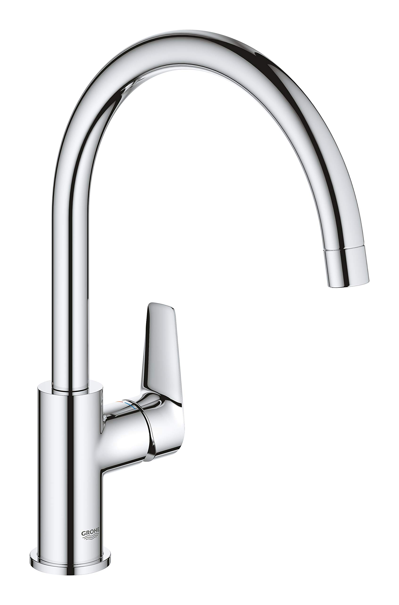 GROHE BauEdge – Single Lever Kitchen Mixer Tap (Monobloc Installation, High Spout, Swivel Area 360˚, 28 mm Ceramic Cartridge, Tails 3/8 inch), Easy Installation, Size 332 mm, Chrome, 31367001