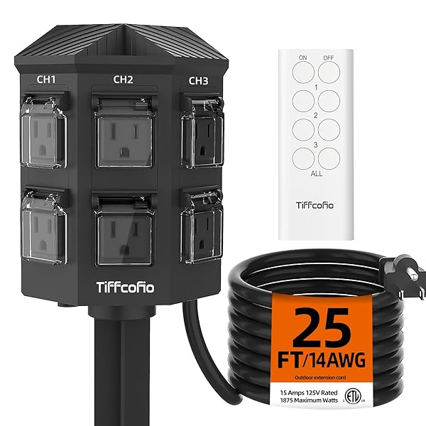 OUTDOOR REMOTE CONTROL POWER STRIP, 25FT EXTENSION CORD...