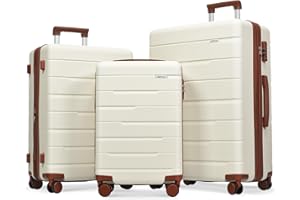 Merax 3 Pcs Sets Luggage, ABS Hardside Suit case with Spinner Wheels Lightweight TSA Lock, Brown Beige, 20/24/28 Inch