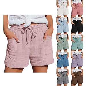 TRCELECTROP Womens Drawstring Shorts with Pockets Summer Linen Elastic Waist Shorts Casual Beach Short Pants with Pockets