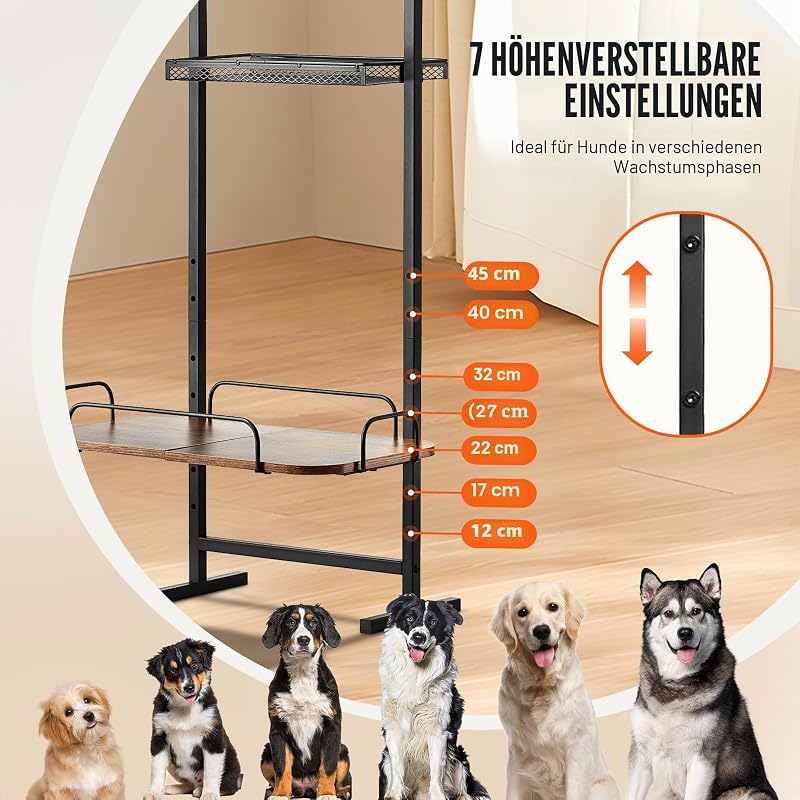 Futterstation 500 x 198 x 1450 mm, erhöhte Hundenäpfe, erhöhter Ständer für Hundenapf, Fressnapf, Hundenapfständer, Napfhalter höhenverstellbar, Hundebar für große, mittelgroße & kleine Hunde