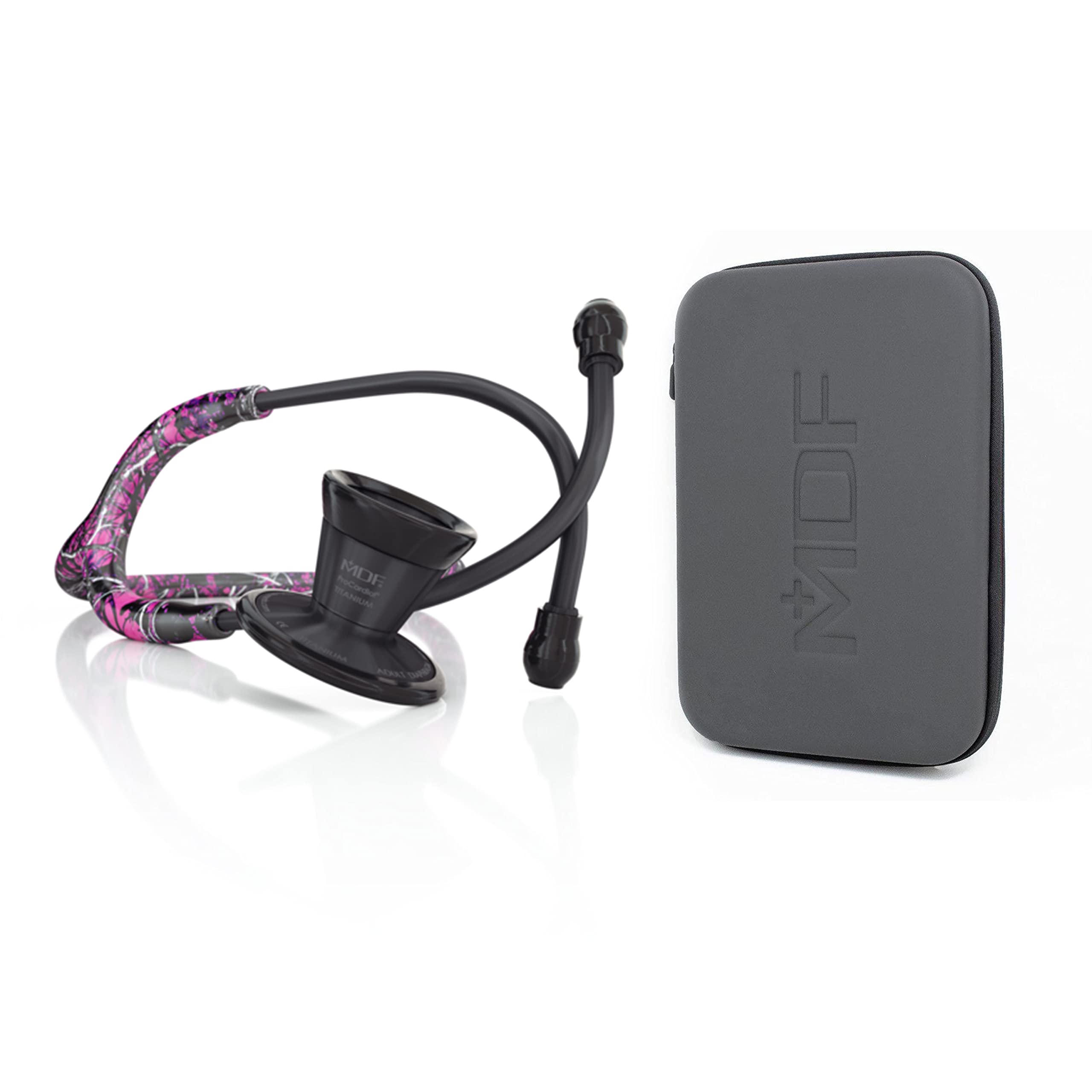 MDF Instruments, ProCardial Cardiology Stethoscope, Lightweight Titanium, MDF797TMGBO + MDF Stethoscope Hard Travel Carrying Case with Mesh Pocket, Medium Size (MDFSCM12)