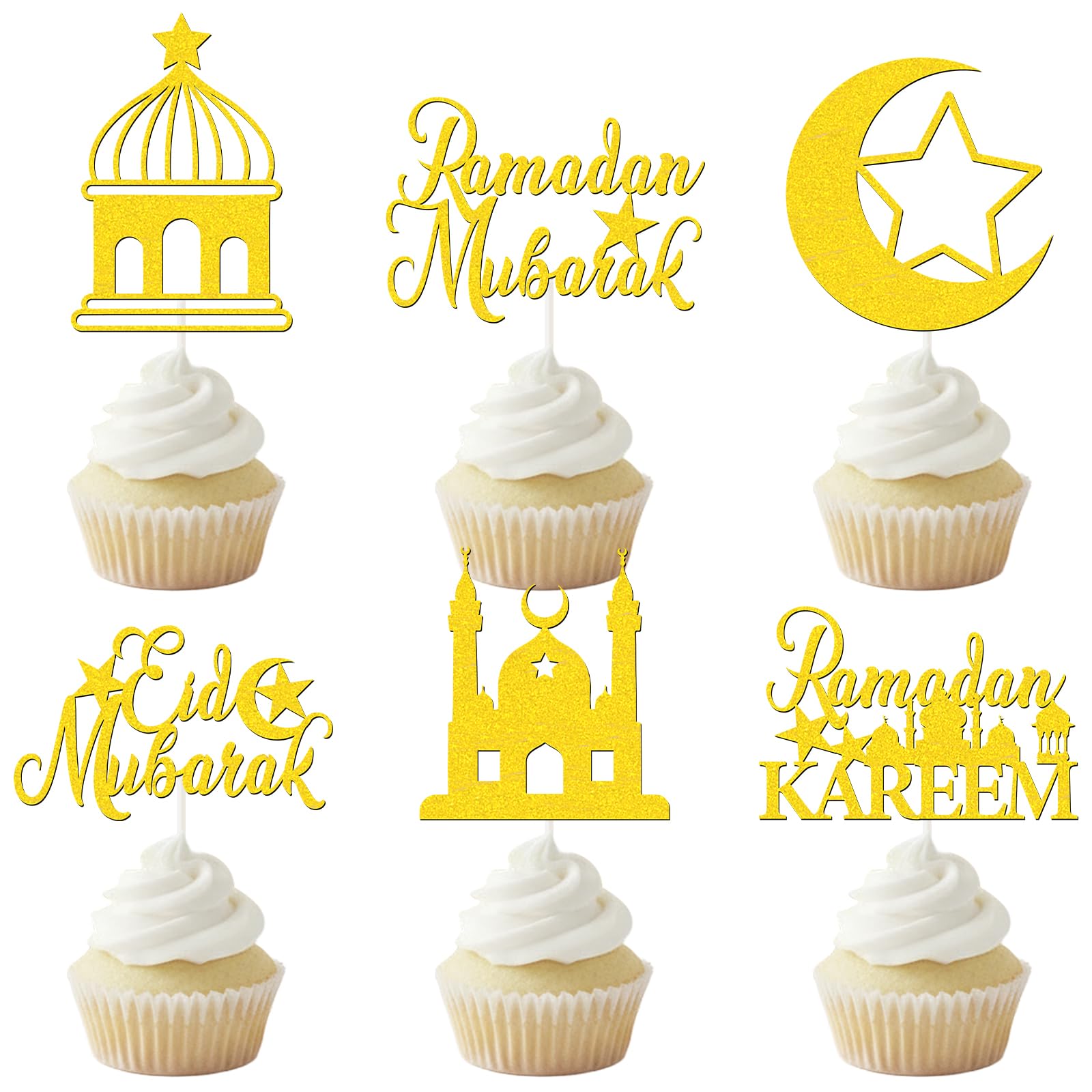 Ramadan Eid Mubarak Cupcake Toppers - 36Pcs Eiapadeor Gold Glitter Ramadan Karrem Eid Cake Topper for Ramadan Mubarak Party Decorations, Islamic Muslim Festival Party Supplies