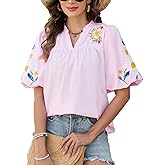 Women's Boho Floral Embroidered Blouse Casual V-Neck Puff Short Sleeve Loose Tunic Top for Summer Shirt Trendy 2026