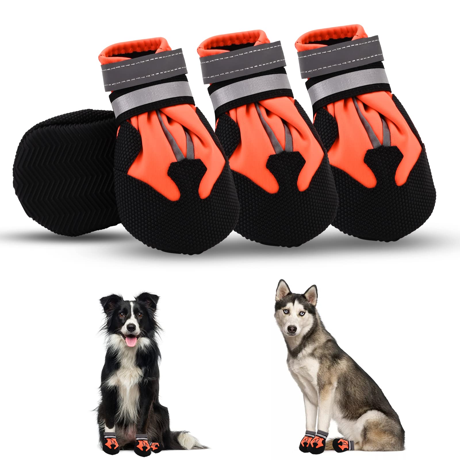 Dog Boots, Set of 4 Waterproof Dog Shoes with Reflective Straps Anti-Slip Sole Outdoor Paw Protectors Puppy Shoes for Small Medium Dogs Autumn Winter (Orange, L)