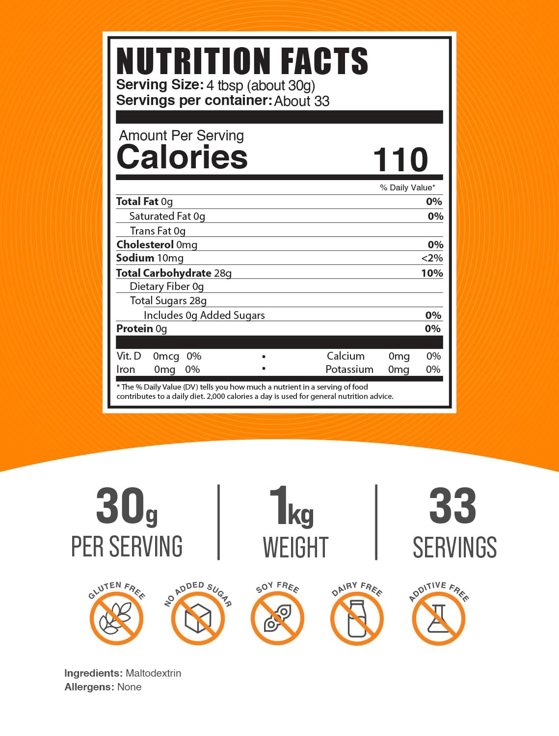 BulkSupplements.com Maltodextrin Powder - Maltodextrin Supplement for Energy Boost, Food Grade - Unflavored & Gluten Free, 30g per Serving, 1kg (2.2 lbs) (Pack of 1)