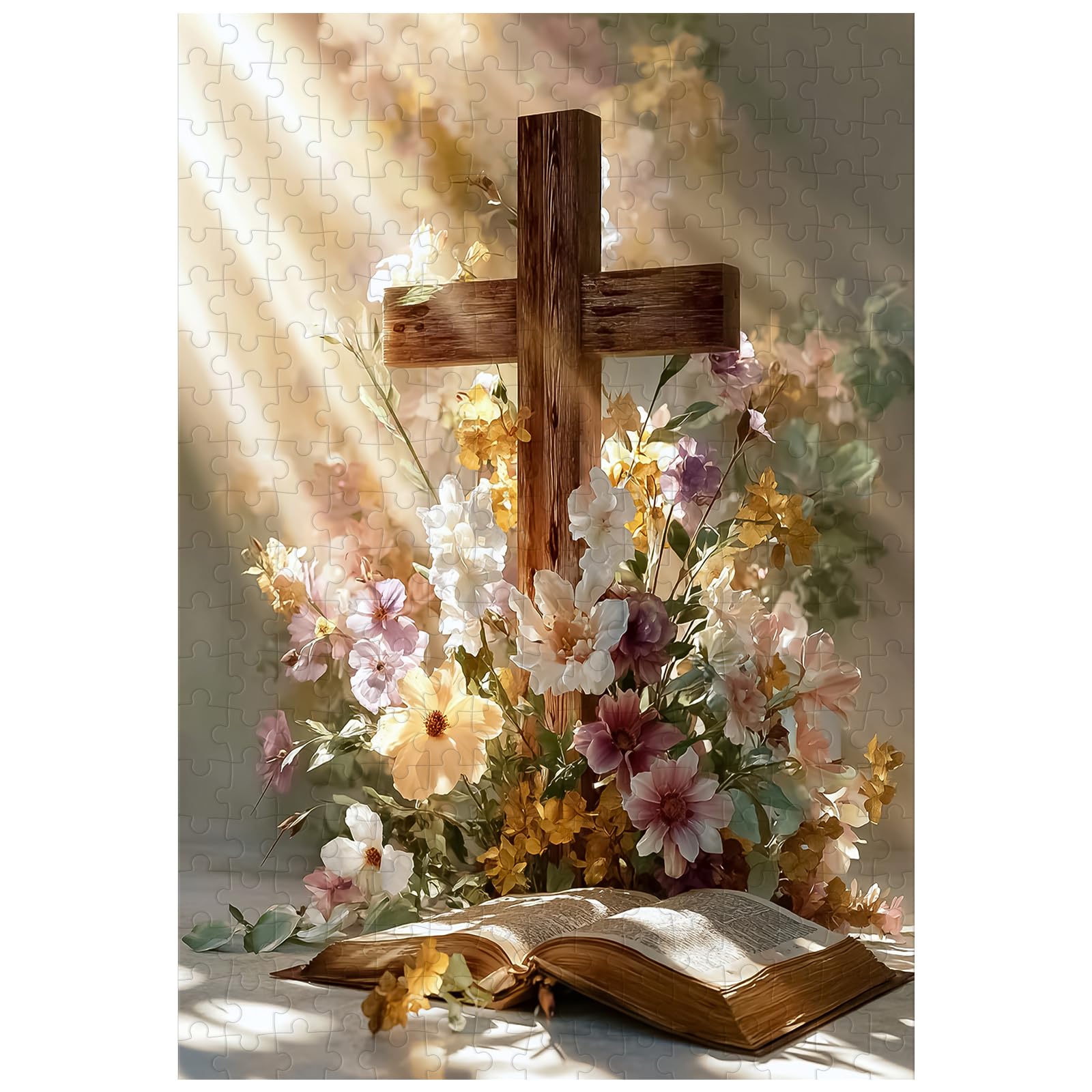 Great Jigsaw Puzzles for Adults 300 Pieces Religious Cross with Daisy Flowers Puzzles for Adults Toys Gift Family Decoration Kids Puzzle