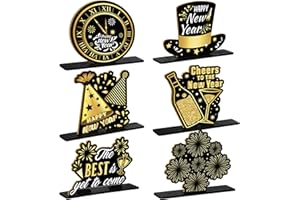 Suzile 6 Pieces New Years Wooden Centerpieces Happy New Year Eve Table Decorations 2026 Black Gold Glitter Indoor Decor Eve Party Holiday Supplies for House Celebrations