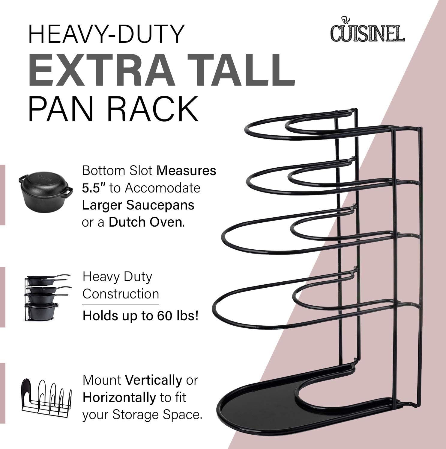Heavy Duty Pan Organizer, Extra Large 5 Tier Rack - Holds Cast Iron Skillets, Dutch Oven, Griddles - Durable Steel Construction - Space Saving Kitchen Storage - No Assembly Required - Black 15.4-inch: Kitchen & Dining