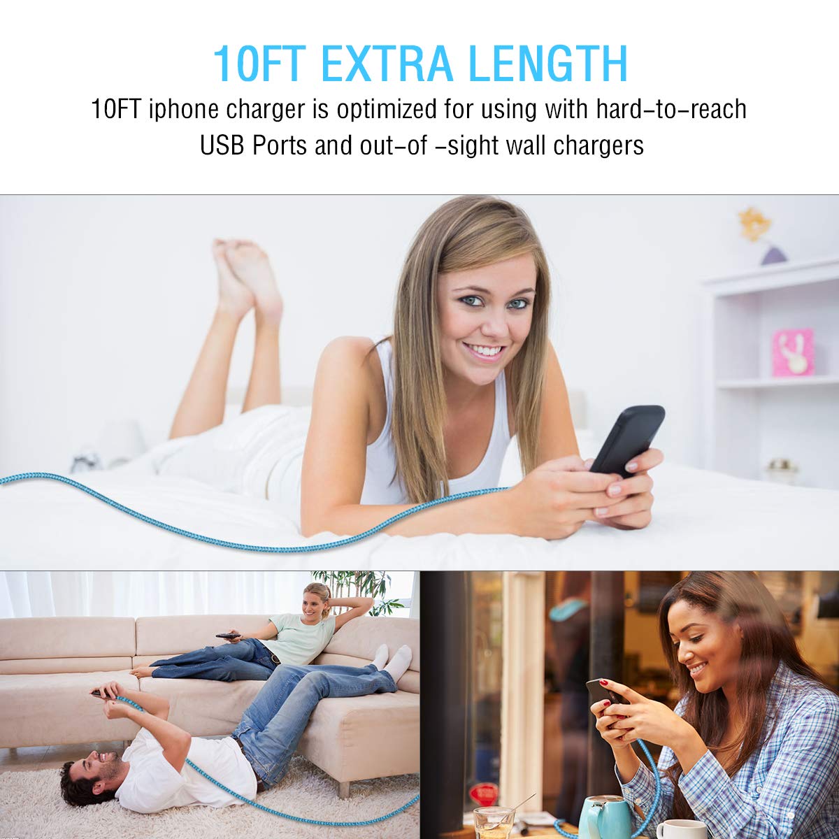 Yostyle Phone Charger Cable,4Pack(3/6/6/10FT) Extra Long Nylon Braided USB Charging & Sync Cord Compatible with Phone Charger X XS Max XR/8/8 Plus/7 Plus 6s/6s Plus/6/6 Plus/5s/5/SE, Pad