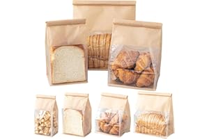 Roppolo 50 Pcs Bread Bags with Tin Tie, Loaf Bags Made Of Brown Cotton Paper, Storage Packing Bag with Clear Window for Bakery, Cafe, Homemade Bread, Mini Size 3.9 Inch