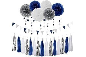 Navy Blue White Silver Party Decorations,23pcs Kit Graduation 2025 Tissue Paper Pom Poms Streamers,Tassel Garland Banner Flowers,Men Birthday Bachelorette Baby Shower Christmas Decor Lasting Surprise