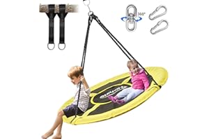 Hishine 43" Saucer Tree Swing for Kids, 360° Rotate Waterproof Flying Saucer Swing with Swivel, Hanging Straps, Adjustable Ropes, Round Mat Spinner Swing for Tree/Swing Set (Yellow)