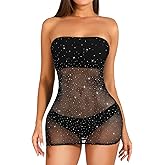 Women Sexy Fishnet Bodysuit Rhinestone Mesh Dress Sparkle Strap Stretch Chemise Nightwear Diamond Bodystocking for Women