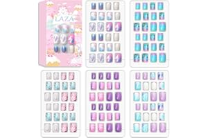 Laza 120pcs Children Nails Press On Pre-glue Full Cover Nail Tips Kit Glitter Gradient Color Rainbow Short Artificial False Nail Kits Lovely Christmas Gift for Children Kids Girls - Silver Pearl