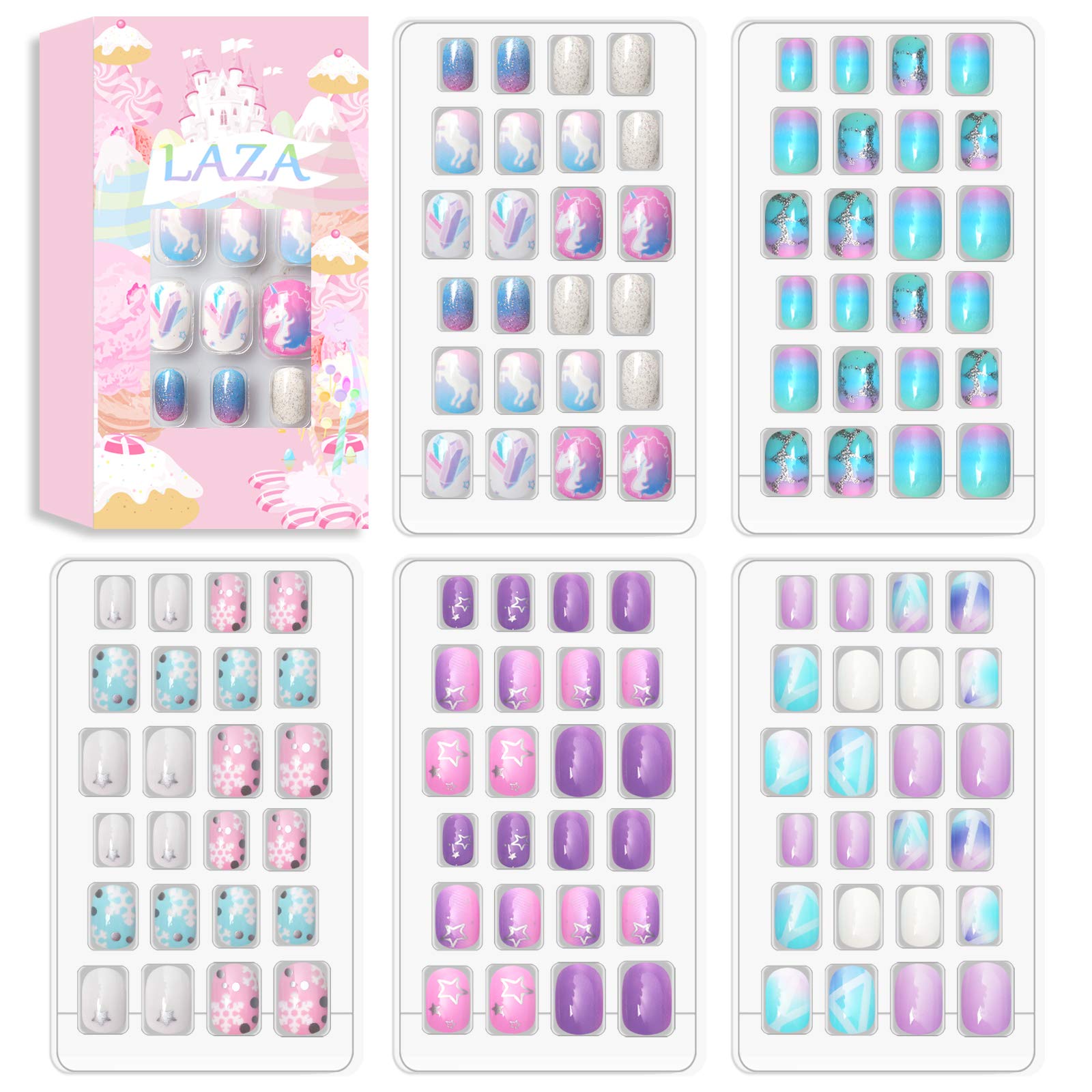 Laza 120pcs Nails Press On Pre-glue Full Cover Glitter Gradient Color Rainbow Sparkling Scale Wave AquariusShort False Nail Kits for Teenager Girls - Silver Pearl