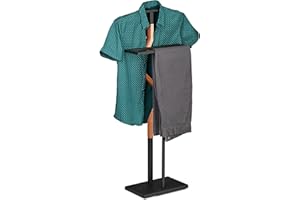 Relaxdays Valet Stand, Suit Holder, Clother Butler, Jacket & Trouser Hanger, 107x47.5x20 cm, Metal & MDF, Black/Natural, 60% steel 40% fibreboard, 107 x 47.5 x 20 cm