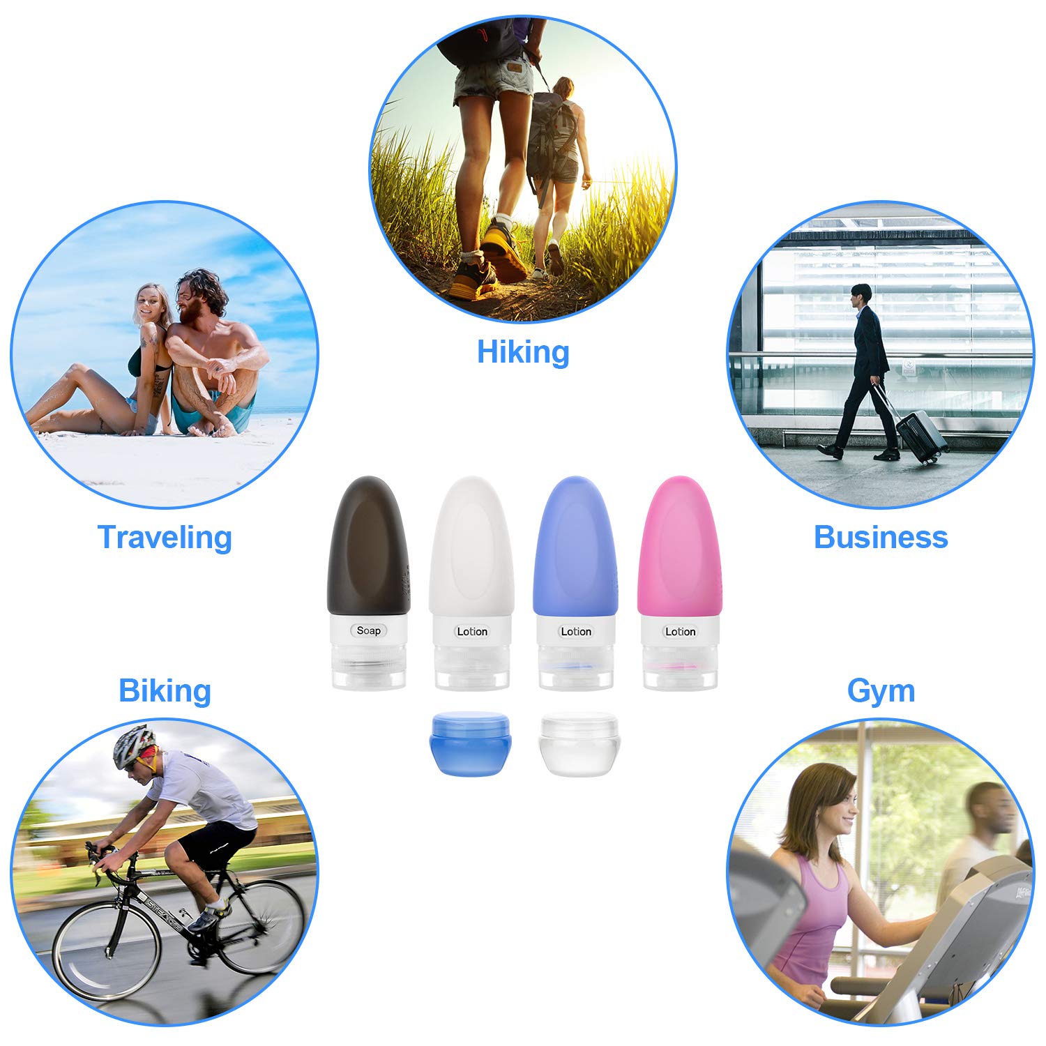 Travel Bottles Set Leakproof Silicone Refillable Squeezable Travel Containers with Labels and Clear Travel Bag for Shampoo, Conditioner, Lotion, Toiletries (#5 1.25oz4)