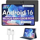 WXUNJA Android 16 Tablet,11 Inch Tablets with Octa Core Processor, 28GB RAM 128GB ROM 1TB Expand, Widevine L1, 8000mAh Battery, 2.4/5Ghz Dual WiFi/GPS/FM, 5/8MP Cameras, Case Included, Black
