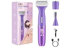 YINOWT Bikini Trimmer for Women, 3-in-1 Painless Electric Razor with Replaceable Facial Shaver & Eyebrow Trimmer, Rechargeable Women’s Grooming Kit for Face, Body & Bikini Area