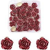 Beadthoven 30pcs Dark Red Rose Flower Alloy Charm Pendants Light Gold Plated 3D Rose Dangle Hanging Pendants for DIY Bracelet Necklace Earrings Jewelry Making 15x12x8mm