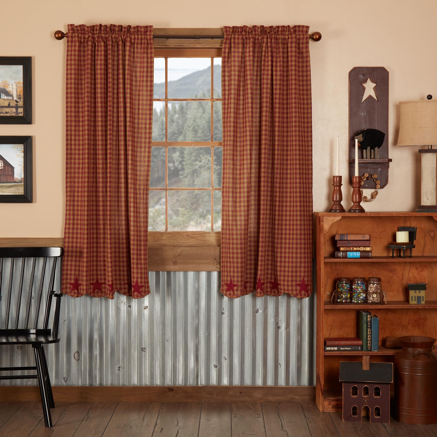 Photo 1 of VHC Brands Star Cotton Primitive Curtains Rod Pocket Tie Back(s) Appliqued Panel Pair, of King, Burgundy Red